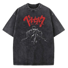 T-shirt unisexe berserk guts noir en coton délavé avec logo rouge berserk et illustration blanche de griffith dix motifs