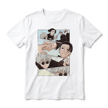 T-shirt blanc en coton avec imprimé comic de gojo satoru et geto jujutsu kaisen pour unisexe