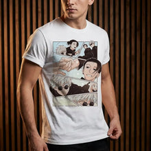 T-shirt blanc en coton avec impression graphique multi-panneaux de gojo satoru et geto jujutsu kaisen unisexe