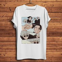 T-shirt blanc en coton unisexe avec un motif style manga de gojo satoru et geto jujutsu kaisen