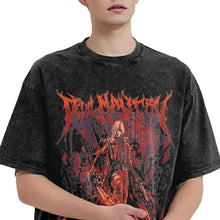 T-shirt chasseur de démons effet délavé en coton noir avec un graphique devil may cry rouge et violet audacieux