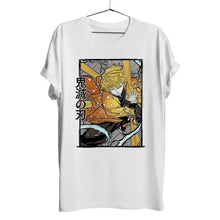 T-shirt chasseurs de démons blanc en coton avec impression de tanjiro kamado en tenue orange et noire demon slayer