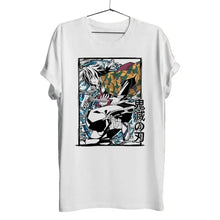 T-shirt chasseurs de démons blanc à manches courtes avec un graphisme animé vibrant de tanjiro demon slayer