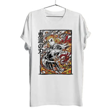 T-shirt chasseurs de démons blanc à manches courtes avec illustration anime demon slayer tanjiro aux flammes vives rouges et oranges