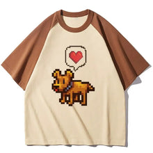 Cream-colored raglan t-shirt with brown sleeves featuring a pixel-art tan dog and red heart for stardew valley fans
