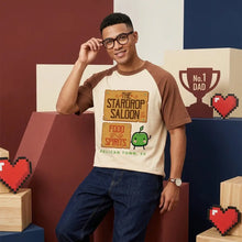 Cream-colored stardew valley t-shirt with brown sleeves and stardrop saloon graphic featuring apple and pixel hearts