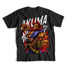 T-shirt street fighter noir en coton avec graphique vibrant d’akuma, lettrage blanc et effets rouges dynamiques