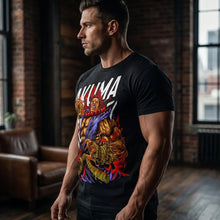 T-shirt street fighter en coton noir avec graphisme coloré d’akuma et lettrage blanc audacieux pour combat arcade