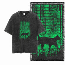 T-shirt coton chat matrix noir délavé avec graphisme vert numérique chat matrix sur coton confortable