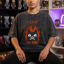 T-shirt coton humour chat noir avec motif chat flammes orange blanc et texte je said je suis fine en coton humoristique