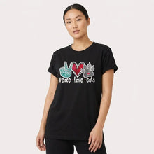 T-shirt coton love cat noir manches courtes avec motif pailleté paix coeur et empreintes de chat