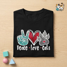 T-shirt coton love cat noir avec design pailleté de peace sign patte teal, cœur rouge et patte grise avec petit cœur rose