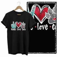 T-shirt coton love cat noir à manches courtes avec motifs paix coeurs et pattes de chat en glitter rouge et argent