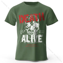 T-shirt coton pour homme olive avec graphique skull et texte death or alive en rouge et blanc, vêtements graphiques en coton doux