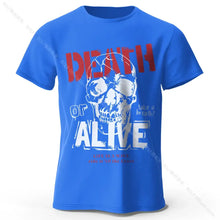 T-shirt coton homme bleu avec graphique crâne blanc et texte en rouge et blanc vêtements graphiques men’s death coton doux