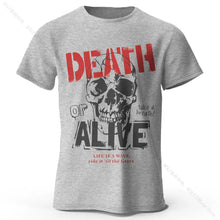 T-shirt coton homme gris avec graphique audacieux death en rouge et crâne noir vêtements graphiques coton doux