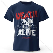 T-shirt coton homme bleu marine manches courtes avec graphique de crâne et texte rouge death or alive vêtements graphiques coton doux