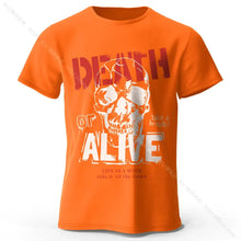 T-shirt coton homme orange avec motif graphique de crâne et texte death or alive en lettres rouges pour vêtements graphiques men’s death