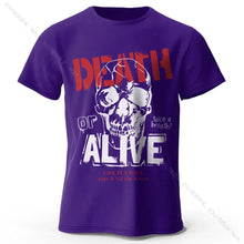 T-shirt coton doux pour hommes violet avec graphique de crâne et texte death or alive vêtements graphiques