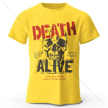 T-shirt coton homme death or alive jaune vif avec graphique crane et texte rouge noir en style vêtements graphiques coton doux