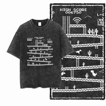 T-shirt coton retro gaming noir distressed avec graphisme pixel art de niveau de jeu vidéo rétro avec cactus et dinosaures
