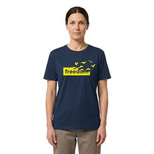 T-shirt coton unisexe freedom bleu marine avec graphique jaune freedom et silhouettes d’oiseaux en vol