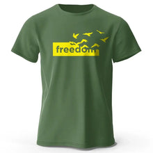 T-shirt coton unisexe freedom olive avec graphique jaune vif freedom et silhouettes d oiseaux en vol