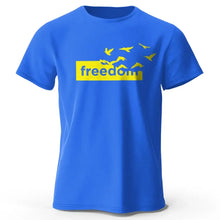 T-shirt coton unisexe freedom bleu vif avec graphique jaune freedom et silhouettes d oiseaux en vol