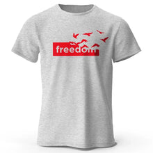 T-shirt coton unisexe freedom gris chiné avec graphique rouge liberté et silhouettes d oiseaux en vol
