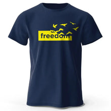 T-shirt coton unisexe freedom bleu marine avec graphique jaune freedom et silhouettes d oiseaux en vol
