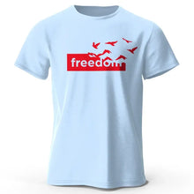T-shirt coton unisexe freedom bleu clair avec graphique rouge et oiseaux volants pour style décontracté