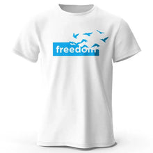 T-shirt coton unisexe blanc avec motif oiseau bleu volant et texte freedom en lettres blanches sur fond bleu