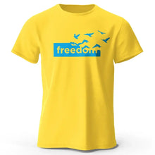 T-shirt coton unisexe freedom jaune avec graphique bleu freedom et silhouettes d oiseaux volant sur manches courtes