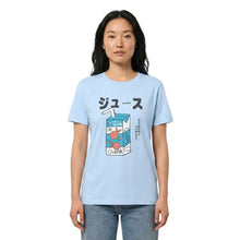 T-shirt coton unisexe soda pop bleu clair à manches courtes avec motif cartoon boisson oolips et texte japonais