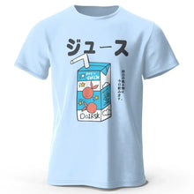 T-shirt coton unisexe soda pop bleu clair à manches courtes avec illustration cartoon de jus et texte japonais doirsk