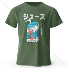 T-shirt coton unisexe soda pop olive avec motif cartoon boîte de jus bleu blanc fruits orange et texte japonais