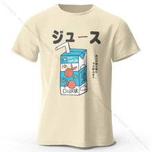 T-shirt coton unisexe soda pop crème avec motif boîte de jus cartoon bleu blanc orange et texte japonais