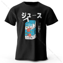 T-shirt coton unisexe soda pop noir avec design carton de jus bleu blanc et illustration fruit orange et texte japonais
