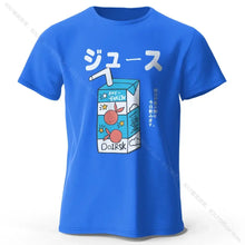 T-shirt coton unisexe soda pop bleu vif avec motif jus cartoon texte japonais et illustrations pêches ludiques