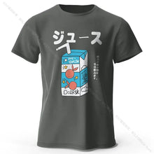T-shirt coton unisexe soda pop gris foncé avec design cartoon boîte de jus bleu blanc et illustrations dorange