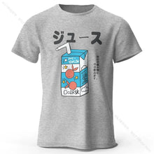 T-shirt coton unisexe soda pop gris chiné avec motif cartoon boîte de jus bleu blanc et fruits orange avec texte japonais