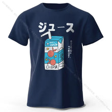 T-shirt coton unisexe soda pop bleu marine avec graphique cartoon de boîte de jus, textes japonais blancs et fruits orange