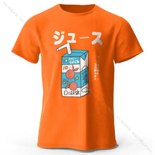 T-shirt coton unisexe soda pop orange avec motif cartoon de boîte de jus bleu et blanc texte japonais