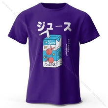 T-shirt coton unisexe soda pop violet avec motif cartoon de boîte de jus, texte japonais et illustrations d’orange