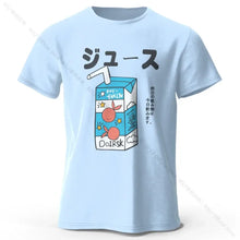 T-shirt coton unisexe soda pop bleu clair à manches courtes avec graphisme jus en style manga et illustrations orange ludiques