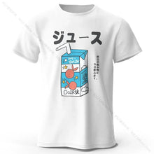 T-shirt coton unisexe soda pop blanc avec illustration cartoon carton de jus bleu et fruits orange et texte japonais