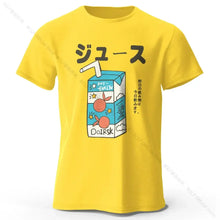 T-shirt coton unisexe soda pop jaune vif avec graphique carton de jus bleu blanc orange et texte japonais