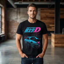 T-shirt initial en coton noir col rond avec graphisme néon bleu et rose voiture anime idée cadeau streetwear