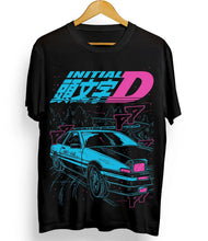 T-shirt course de rue col rond en coton noir avec graphique néon bleu et rose de la lettre initial d style anime idée cadeau