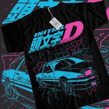 T-shirt col rond en coton noir avec graphique néon bleu et rose initial d anime voiture idée cadeau course de rue